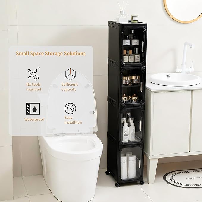 5-Tier Tall Narrow Storage Cabinet, Slim Bathroom Storage Cabinet with Adjustable Shelves and Wheels, Narrow Organizer for Small Space, Bathroom, Kitchen, Laundry, Black
