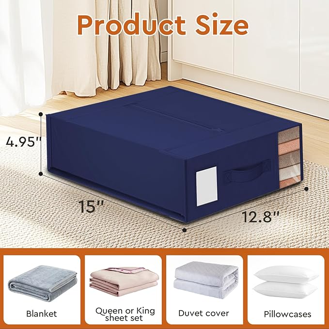 StorageTastic 6 Pack Bed Sheet Closet Organizers and Storage,Sturdy Foldable Storage Containers with Window and Label,Storage and Organization for Bedding Sheets,Duvet Covers,Blankets (Blue)