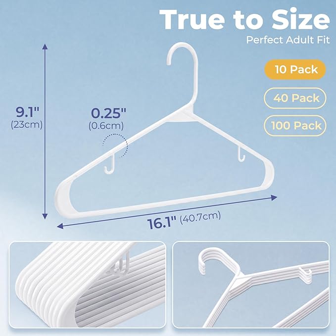 HOUSE DAY White Plastic Hangers 10 Pack, Plastic Clothes Hangers with Built-in Hooks, Durable and Strong Coat Hanger for Closet, Space Saving Clothing Hanger for Shirts, Coats, Skirt, Dress