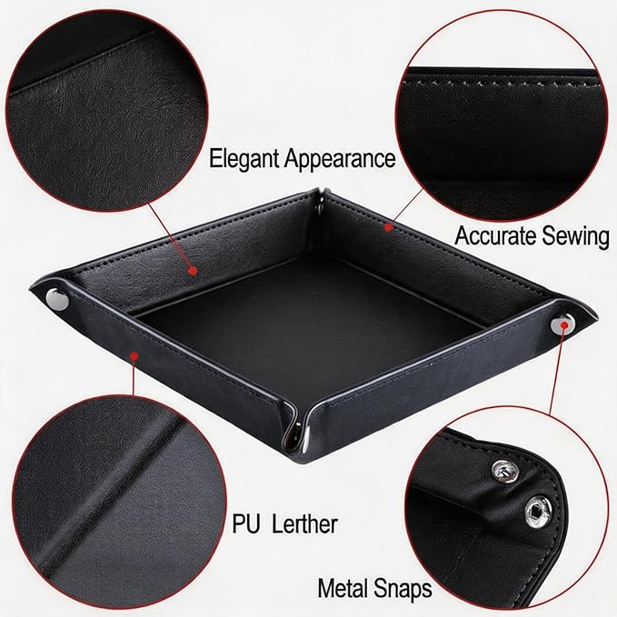 Valet Tray Desktop Storage Organizer – Vegan Leather Catchall Tray Bedside Vanity Tray Nightstand Caddy Holder for Remote Controller, Watch, Keys, Phone, Wallet, Coin, Jewelry, Black