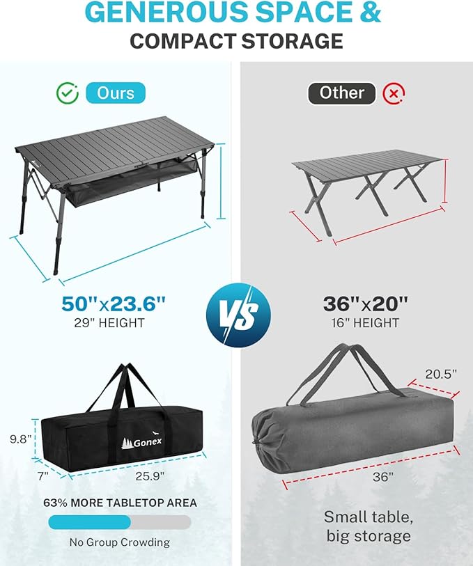 Gonex 50" Camping Table with Adjustable Height Legs for Uneven Ground, Portable Folding Aluminum Roll Up Table with Mesh Pocket for Camping, Picnic, BBQ, Cooking, Beach