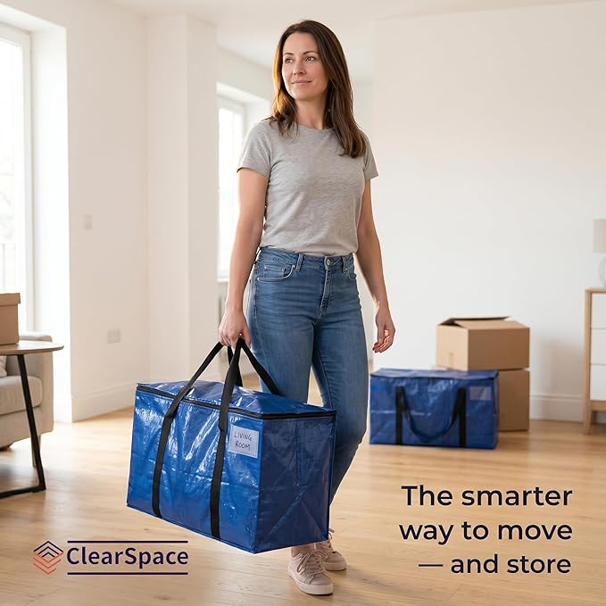 ClearSpace Heavy Duty Moving Bags - Water Resistant Storage Bags or Storage Bins with Lids and Moving Supplies - Large Moving Boxes for College Dorm, Travel, Closet Organization - 6 Pack