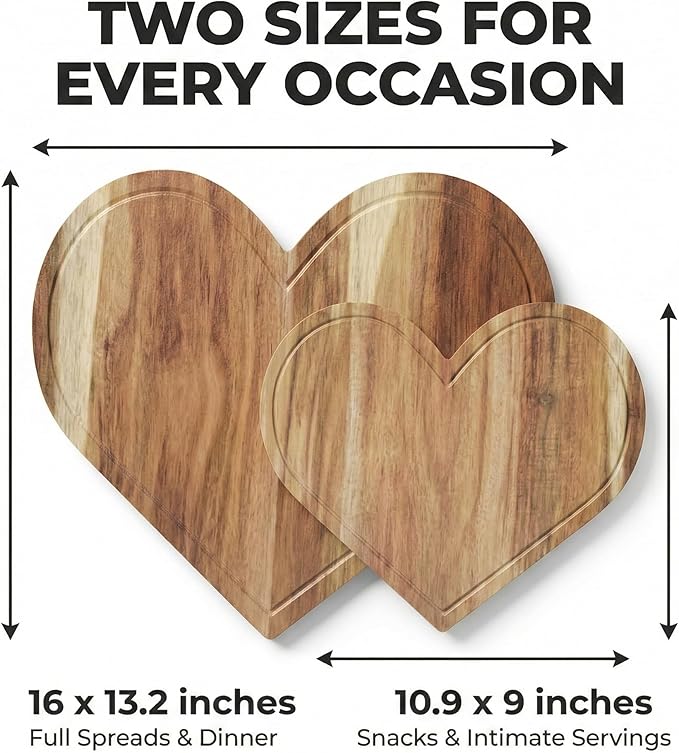 Set of 2 Heart Charcuterie Boards - Acacia Wood Cutting Heart Shaped Charcuterie Board - Mother’s Day Gifts for Mom, Wife, Grandma, Birthday Gifts for Mother & Grandmother