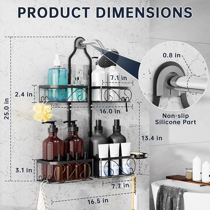 Stainless Steel Shower Caddy Hanging for Handheld Showerheads,Never-Rust Shower Organizer,Large-Capacity Bathroom Organizer Rack with Soap Dish and Hooks for Razor/Sponge,Black