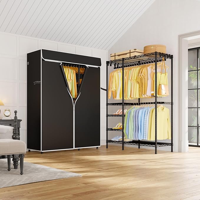 ULIFHOME F2C Clothes Rack with Cover, Clothing Racks for Hanging Clothes, Heavy Duty Garment Rack with Shelves and Hanger Rods, Black Closet with Black Cover, 47.2" W x 16.5" D x 78.3" H, Load 630lbs