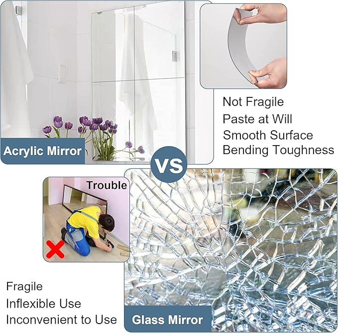 JUNEBRUSHS 8 Pack Self Adhesive Acrylic Mirror, Flexible Plastic Sheets Wall Stickers,2MM Thick Mirror,Frameless Small Mirror