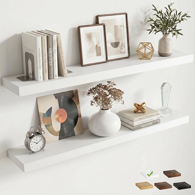 Venusmiles Floating Shelves for Wall, 40 Inch Floating Shelves Set of 2, 6.5" D Wooden Wall Mounted Display Shelves with Invisible Brackets for Living Room, Bedroom, Bathroom, Kitchen Decor, White