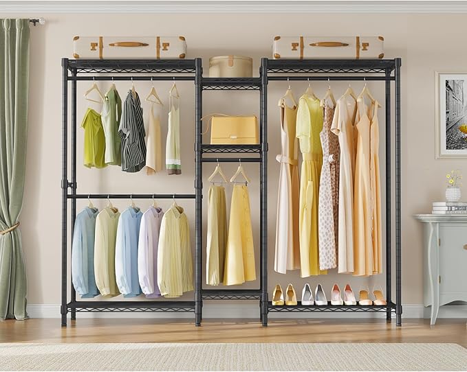 VIPEK Classic V6 Medium Heavy Duty Clothes Rack, 7-Tier Garment Rack with Adjustable Shelves, Portable Closet with 4 Hanging Rods, Space-Saving, 750lbs Capacity, 59.8" L x 14.6" W x 76.4" H, Black