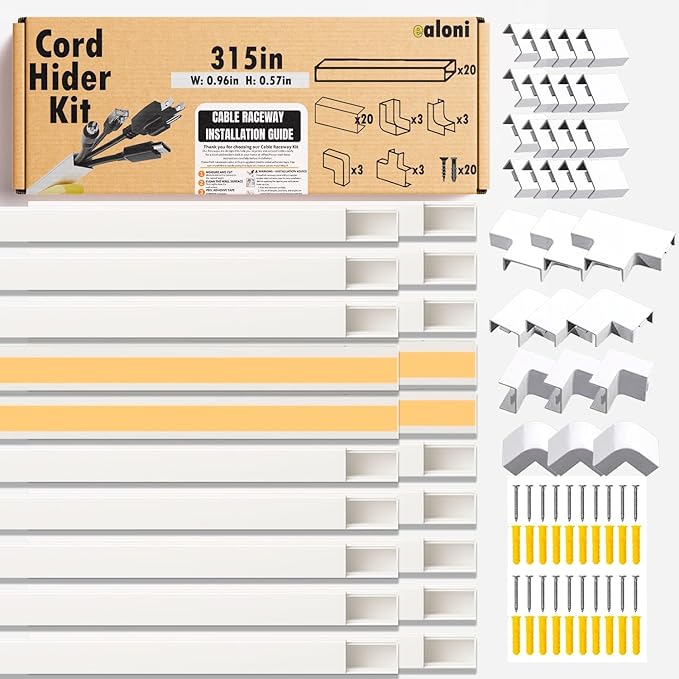 Cable Management Raceway Kit – 20 Pack 15.7” PVC Wire Hider with Connectors, T & L Corners, Inside & Outside Corners, Screws – Paintable Wall Cord Cover for TV, Home & Office