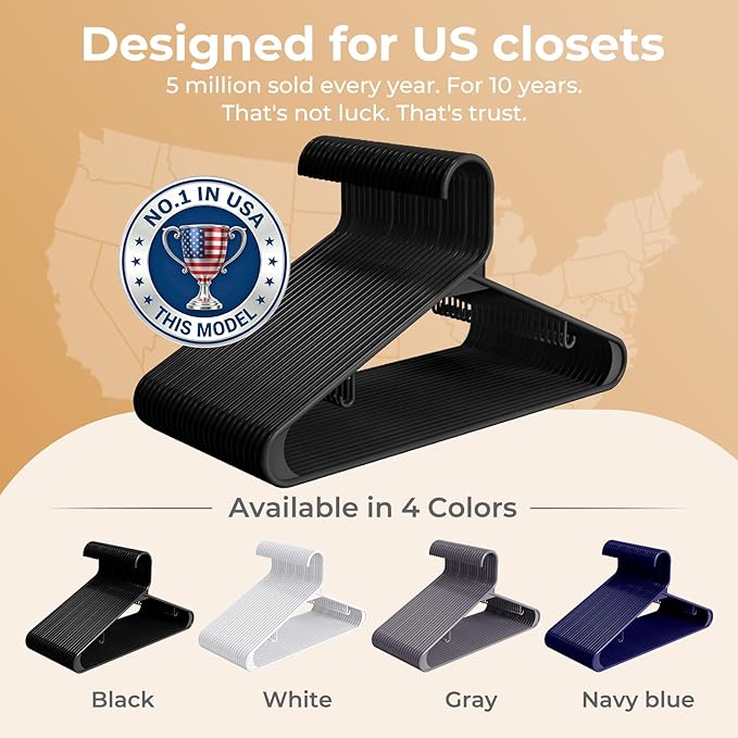 HOUSE DAY Black Plastic Hangers 40 Pack, Plastic Clothes Hangers with Built-in Strap Hooks, Space Saving Slim Hanger for Closet Organizers and Storage, Durable Clothing Hanger for Shirts Blouses Tops