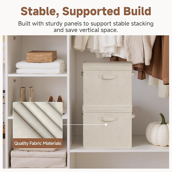 StorageWorks Storage Bins with Lid, Decorative Fabric Storage Bins with Handles, Stackable Closet Organizers for Shelves and Bedroom, Large, Beige(Natural Fabric), 2-Pack