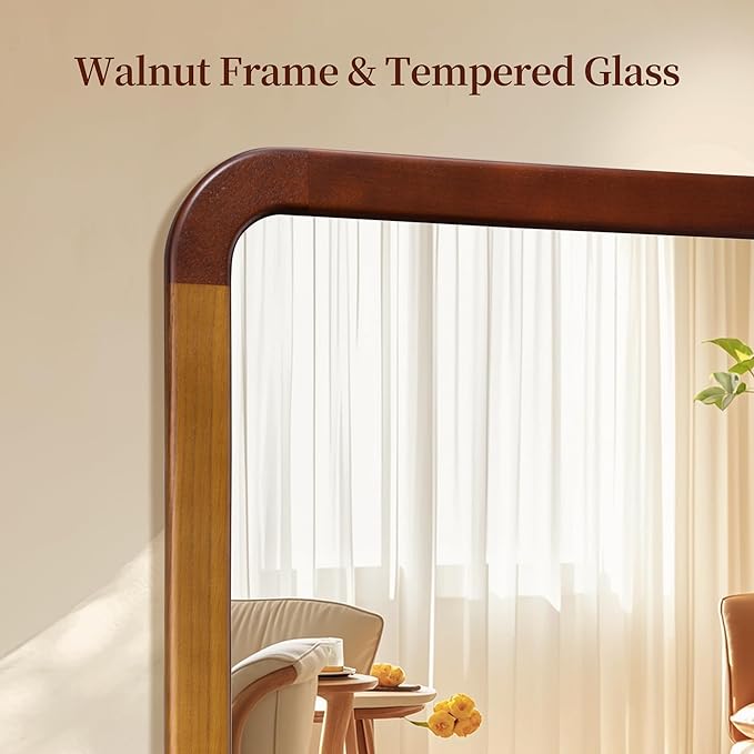 Bathroom Mirror 24 x 24 Inch,Brown Wood Rustic Rectangle Tempered Wall Mirror with Wood Frame,Round Corner Farmhouse Wooden Vanity Mirror for Living Room,Entryway or Bedroom（Walnut Brown）