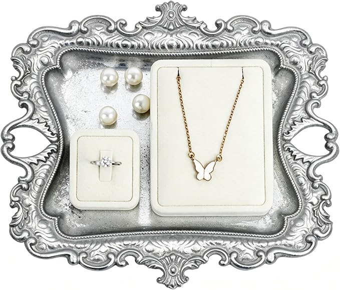 Funly mee 8 x 7 inches Antique Trinket Dish Vintage Jewelry Tray, Ring Holder (Sliver, M)