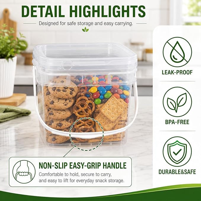DEMORA 68oz Food Grade Square Plastic Bucket with Lid, Clear Airtight Storage Container, Reusable Pail for Kitchen Food Water Ice Cream Household Use 6Pcs (3 White+3 Transparent)