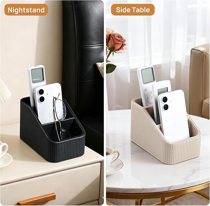 Remote Control Holder, PU Leather Nightstand Organizer Bedside Caddy with 3 Compartments, Small Desk Organizer for Remote/Pen/Glasses/Phone (Black)