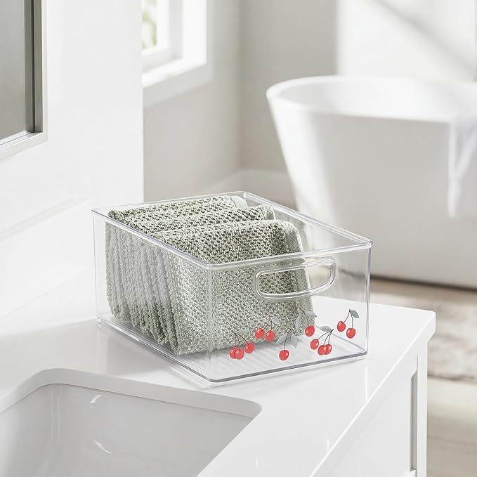 iDesign Bathroom Organizer Bin, Decorative Print - Stackable Plastic Storage Basket for Makeup & Vanity Organization - Clear/Red