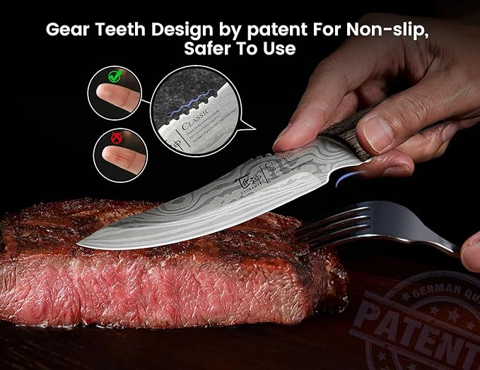 SYOKAMI Steak Knives Set of 2, 4.8 Inch High End Japanese Style Fine Edge Meat Knife with Wood Handle, Damascus Pattern Full Tang Design, Super Sharp Dinner Knives with Exquisite Box, Cooking Gifts