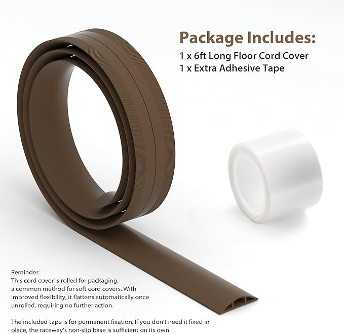 ZhiYo 6ft Cord Hider Floor, Soft PVC Cord Covers for Wires on Floor, Wire Cover to Hide Extension Cords, Cable Cover Protect Cords & Prevent Trips, Cable Cavity: W0.6in x H0.32in, Vintage Coffee Brown