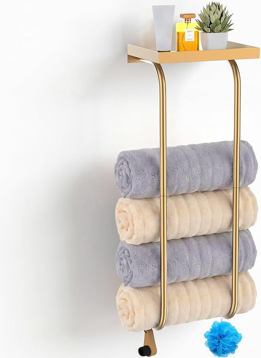 31" Towel Racks for Bathroom, Heavy-Duty Stainless Steel Holds 6 Large Rolled Towels,Wall Mounted Towel Holder with Shelf & Hooks,Extra-Wide Opening Wall Storage for Small Bathroom, Brushed Gold
