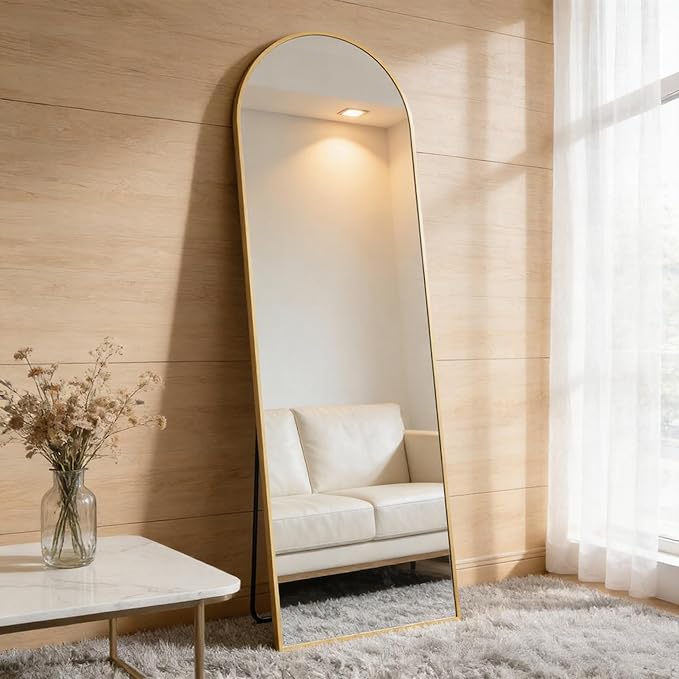 NEWBULIG 63.8"x20.8" Arched Full Length Mirror, Full Body Floor Mirror with Aluminum Alloy Thin Frame, Wall or Standing Mirror for Bedroom, Living Room, Dressing Room, Gold