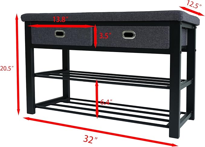 Finnhomy Entryway Shoe Rack with Cushioned Seat, Shoe Bench for Entry, 3-Tier Shoe Storage Organizer with 2 Drawers, Gray