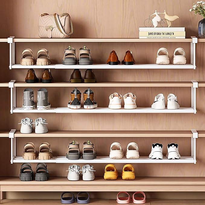 Under-Shelf Expandable Shoe Rack Organizer, White Metal, 40-70cm Width Adjustable, Cabinet Storage for Closet，Retractable Shoe Rack Organizer，Expandable（4 Pcs）