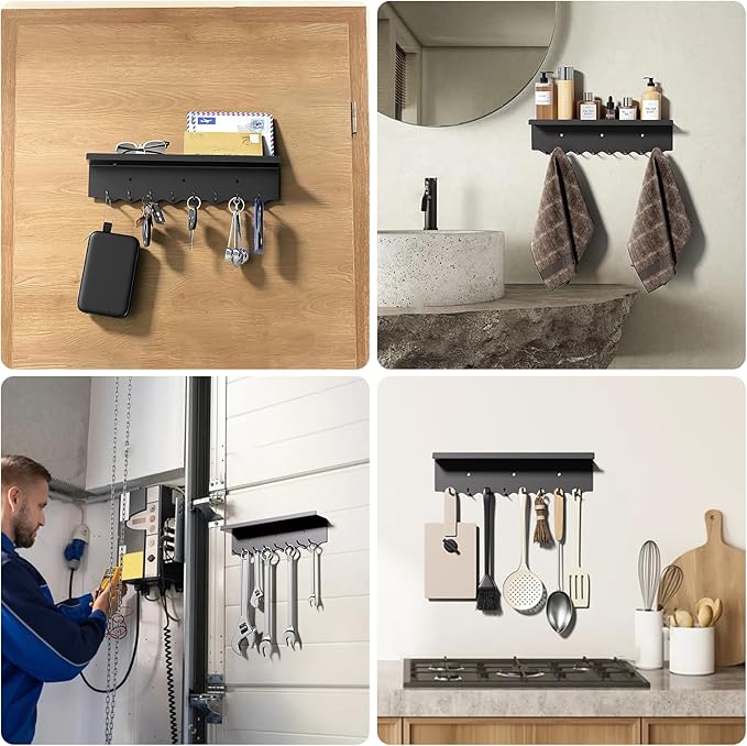 Volnamal Key Holder Wall Mount, Magnetic Key Hooks and Mail Organizer Tray with 8 Hooks, Adhesive Key Rack Hanger for Entryway, Refrigerator, Black