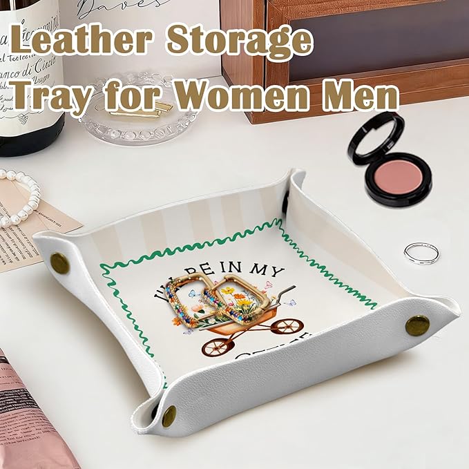 Gardening Gifts for Women Jewelry Valet Tray, PU Leather Catchall Beside Caddy Nightstand Organizer Tray for Jewelry Rings Watches Keys and Accessories, 7.87x7.87in