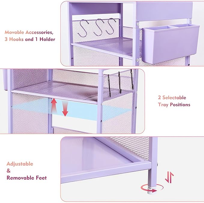 Purple Nightstand, End Table with Hooks and Holder, Kids Nightstand for Bedroom, Toddler Bedside Table, Small Desk for Girls, Coffee Table for Living Room, Dorm, Office (Purple)