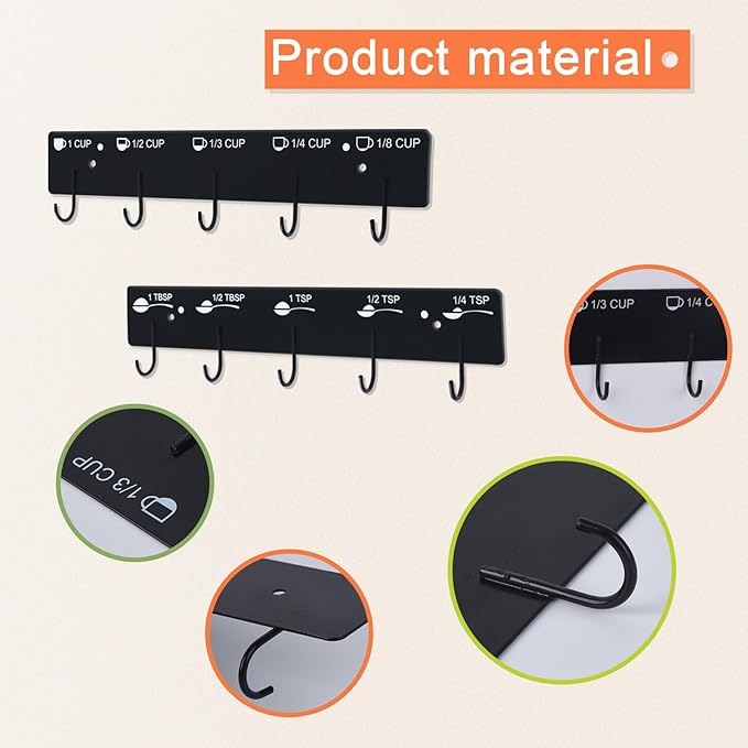 Premium Measuring Cups and Spoons Hanging Rack with stick, Measuring Cup Organizer Rack Suitable for Kitchen Hanging Cups and Spoons, Including Screw and Adhesive Mounting (Stickers+Measuring)