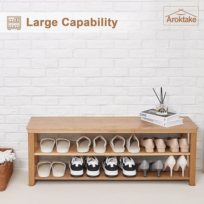 Shoe Rack Solid Wood Bench, 2-Tier Real Wooden Heavy Duty Shoe Storage Organizer Shelf for Entryway, Hallway, Mudroom, Living Room,Bedroom (Natural, 11.81"X39.4"X16.54")