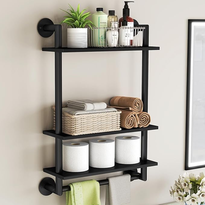 STWWO Bathroom Shelves Wall Mounted, 3 Tier Black Bathroom Shelf with Towel Bar, 26in Stainless Steel Floating Pipe Towel Racks Over Toilet, Bathroom Wall Shelves Laundry Room Kitchen Storage