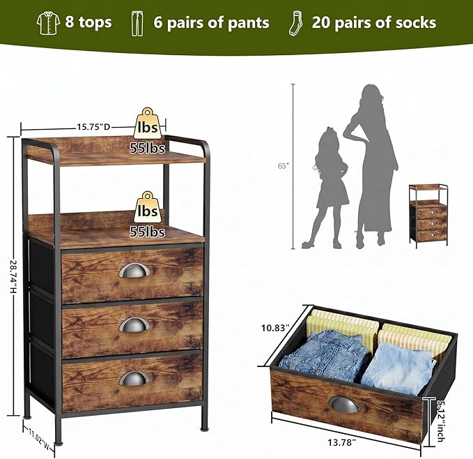 Night Stand Set 2, Nightstand with 3 Fabric Drawers and 2-Tier Shelf, Small Dresser Organizer, Bedside Table with Storage, End Table for Bedroom, Steel Frame, Wood Top, Rustic Brown