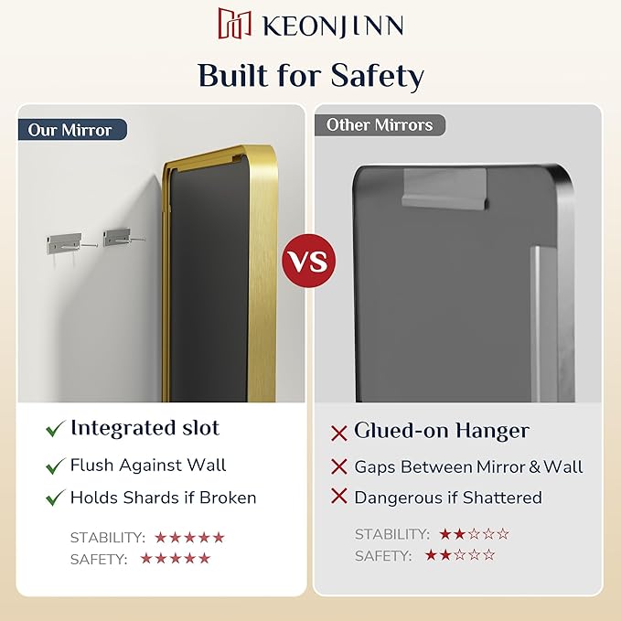 Keonjinn Gold Bathroom Mirrors for Over Sink, 40” x 24” Rounded Rectangle Brushed Gold Vanity Mirror, Anti-Rust Brass Mirror with HD Tempered Glass, Decorative Farmhouse Mirrors, Horizontal/Vertical