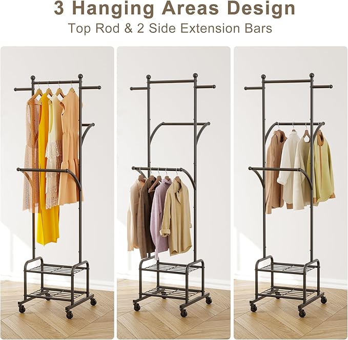 Rolling Clothes Rack with 2 Metal Shelves, 71" Portable Clothing Rack with Wheels, Small Garment Rack with 2 Side Hanging Rods, Freestanding Coat Rack for Laundry Room, Bedroom, Black
