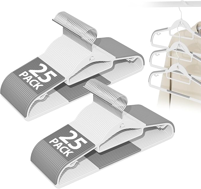 Plastic Hangers 50 Pack, Stackable Slim Space Saving Hangers with Non-Slip Pads, 360° Swivel Hook, Cascading Strip for Vertical Storage, Closet Organizer for Shirt, Suit, Skirt, Coat - Gray