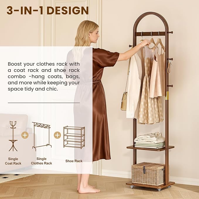 15.9" Narrow 3-in-1 Rolling Clothing Rack,Wooden Coat Rack with Wheels, 2 Shelves and 5 Hooks, Solid Rubber Wood Coat Rack with Shelves for Entryway, Bedroom, Living Room, Walnut