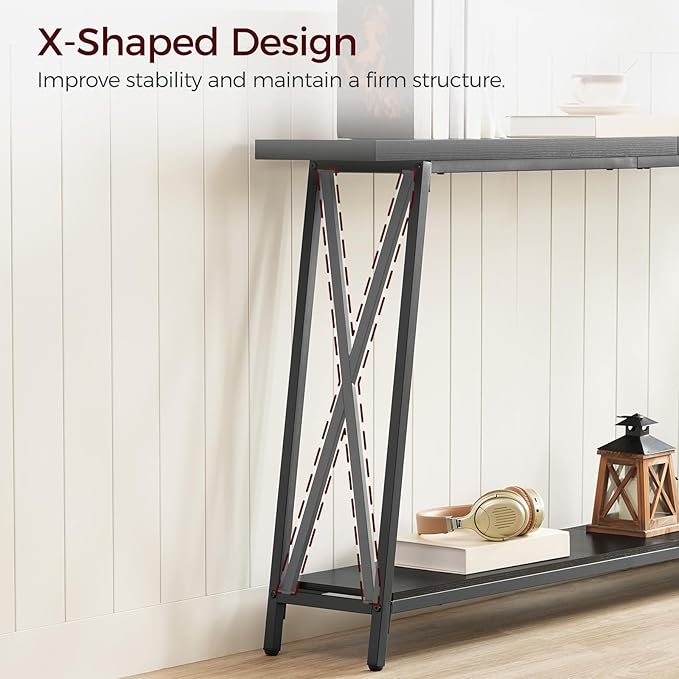 MAHANCRIS Console Table, 63" Industrial Entryway Table, Extra Long 2-Tier Sofa Table Behind Couch, X-Shaped Support, for Entryway, Hallway, Living Room, Black CTHB4801