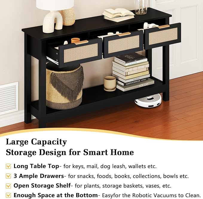 Luoxiao Entryway Table, 47" Rattan Console Tables with 3 Drawers, Narrow Hallway Table for Entryway with Storage Shelf, Slim Sofa Table Behind Couch, Modern Black Foyer Entry Way Table, Easy Assembly