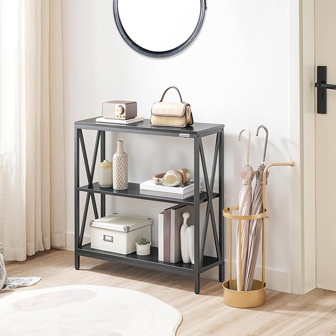MAHANCRIS 31.5" Sofa Table, Industrial Console Table, 3-Tier Narrow Sofa Table with Storage Shelves, Foyer Table for Entryway, Hallway, Kitchen, Living Room and Bedroom, Easy Assembly, Black CTHB8001