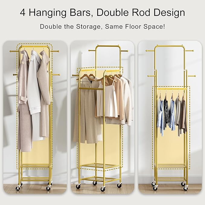 Clothing Rack with Wheels, 71" Portable Rolling Clothes Rack with 2 Shelves and 4 Hanging Rods, Small Garment Rack with 4 Hooks, Sturdy Metal Coat Rack for Bedroom, Laundry Room, Gold