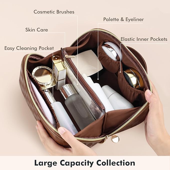 Prite Makeup Bag for Women Travel Waterproof Vegan Leather Cosmetic Bag Open Flat Toiletry Bag With Clear Divider and Handle (Plaid Brown, Medium)