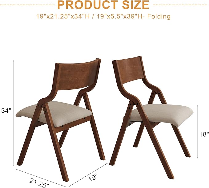 Ball & Cast Upholstered Folding Chairs Set of 2,with Padded Seat,Wooden Portable Dining Chairs W/Ergonomically Designed Back and Cushion,Easy Carry,No Need to Install,for Kitchen,Office,Walnut