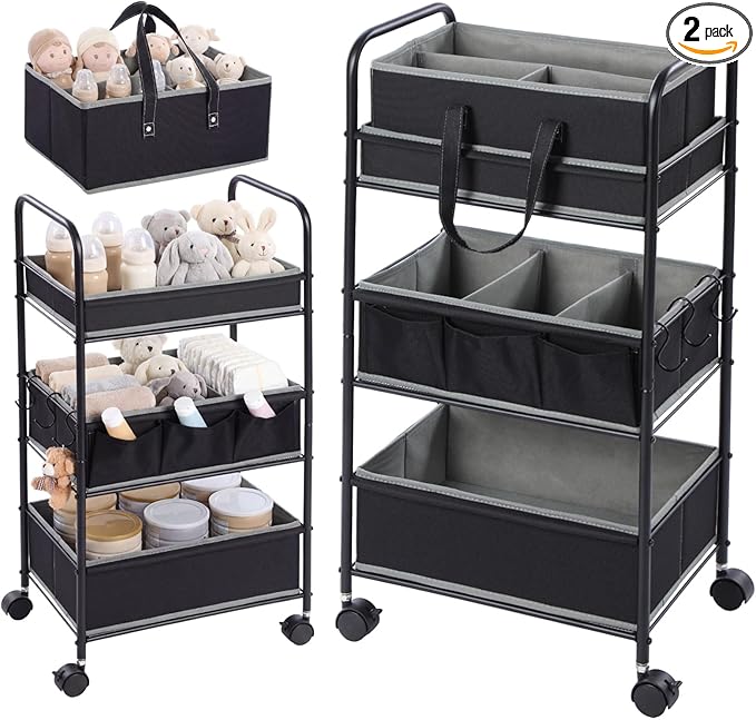 Honeydak 2in1 Baby Diaper Caddy Organizer Cart 3 Tier Large Capacity Metal Utility Bedside Rolling Cart with Divider Newborn Registry Nursery Essential Must Have Crib Bedroom Baby Shower(Black)