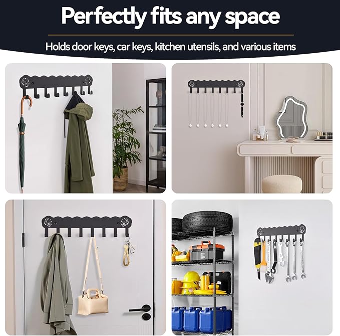 Key Holder Hooks Organizer Hanger Rack Wall Mounted with 8 Hooks, Adhesive Key Holder for Wall, No Drill Modern Key Holder Wall Mount, for Entryway, Kitchen, Hallway, RV Decor （Medium）