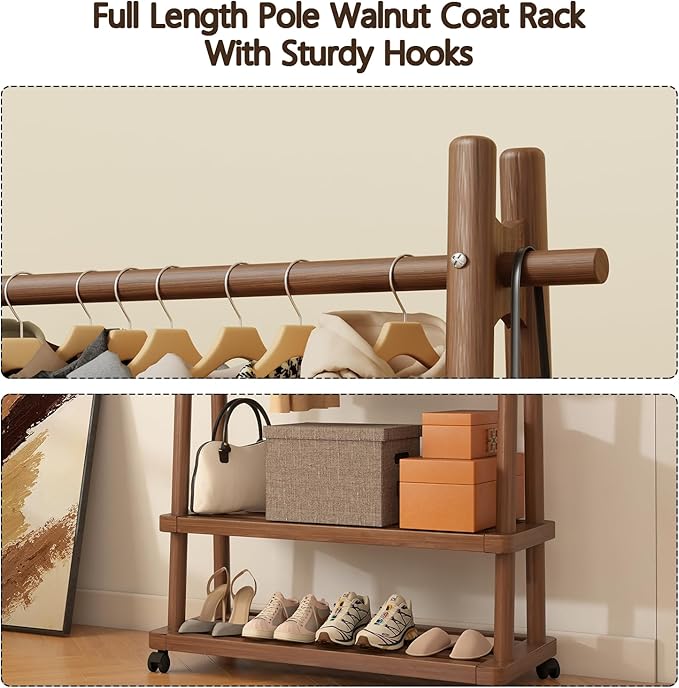 Solid Wood Clothing Rack Freestanding with Wheels, 3-in-1 Coat Rack with 2 Shelves & Hooks Load 500 Lbs, Heavy Duty Garment Rack for Hanging Clothes & Organizer for Entryway Bedroom Living Room 31.5"W