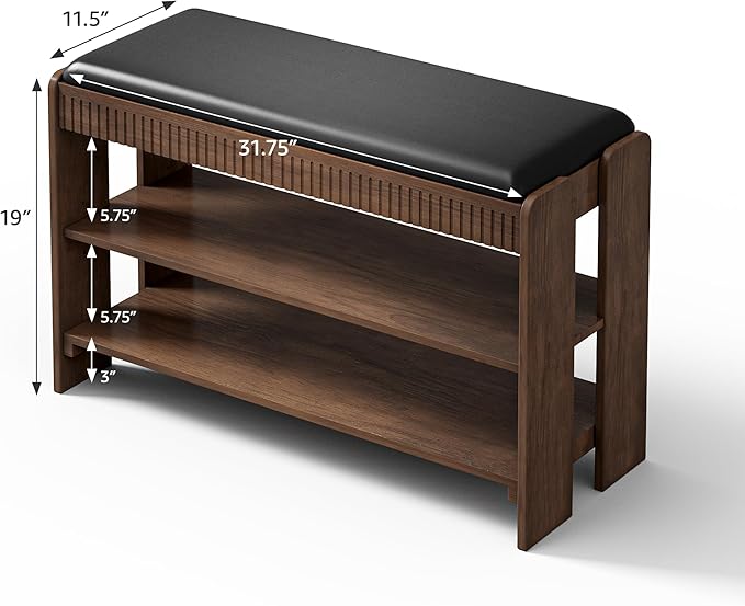 Shoe Bench with Cushion, Solid Wood 2 Tier Adjustable Storage Shoe Bench Rack for Entryway, Bedroom, Closet, Living Room, Hallway