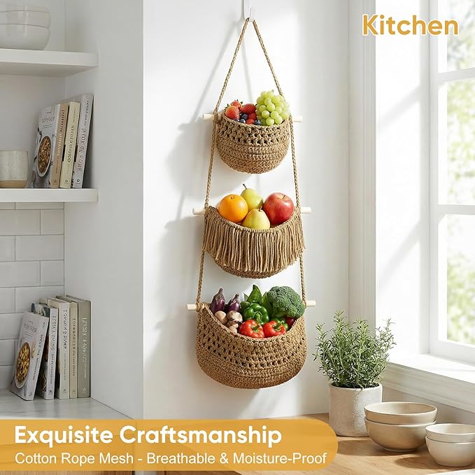 Boho Style Handwoven Rope Hanging Basket - 3-Tier Detachable Storage Organizer for Kitchen/Bathroom/Entryway, 3 Included Heavy-Duty Hooks, 7 Color Options Available (Khaki&White)
