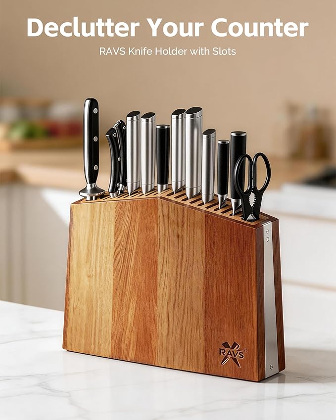 RAVS Universal Knife Block Without Knives, Acacia Wood Universal Knife Holder for Countertop, Kitchen Knife Storage Organizer with Slots for Scissors and Sharpening Rod, 22-Slot Large Capacity