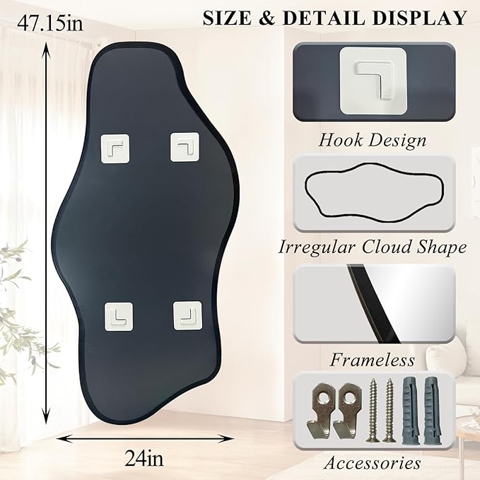 Irregular Frameless Mirror, 47.2"x24" Asymmetrical Aesthetic Mirror, Modern Organic Tempered Glass Mirrors for Living Room Bedroom Hallway Entryway, Horizontal or Vertical Hanging